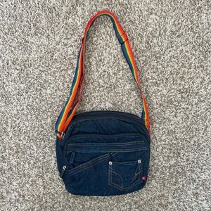 Vintage Y2K No Boundaries Dark Wash Denim Crossbody Bag Rainbow Strap